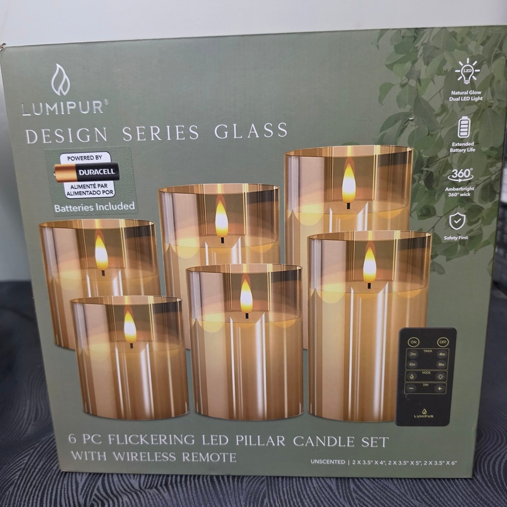 Lumipur LED Pillar Candle Set Unisex Gold 6pc Glass Flickering Remote